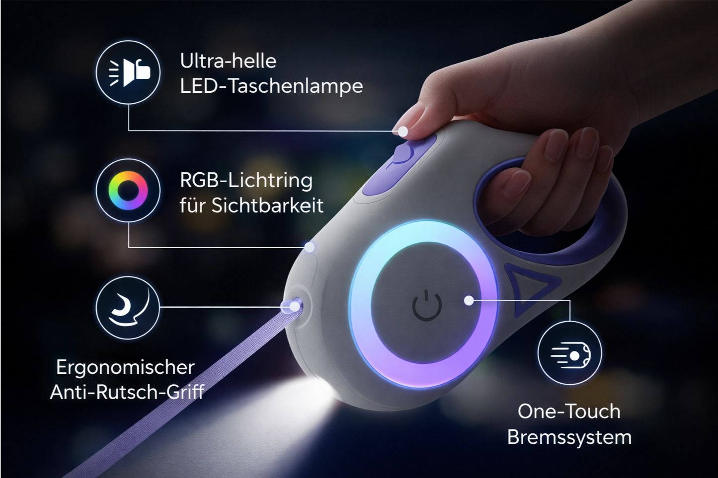GlowLeash – LED, einziehbare Hundeleine (3m / 5m)